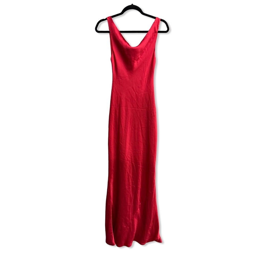 Norma Kamali Deep Drape Neck Gown Tiger Red satin Maxi Dress AS IS Revolve S - Picture 4 of 11